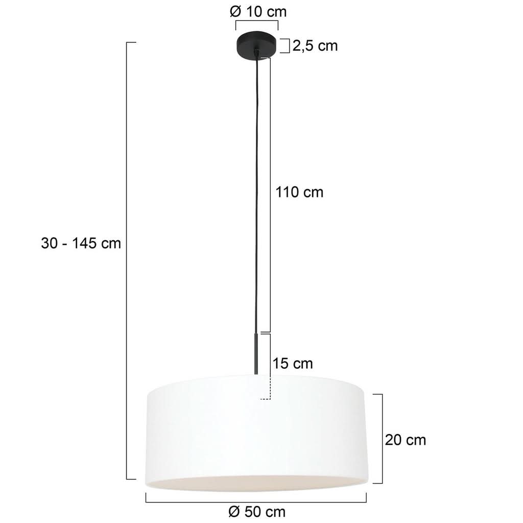 Dimensions de la suspension lin Lina : abat-jour Ø 50 cm, hauteur réglable 30 à 145 cm – Designix.fr