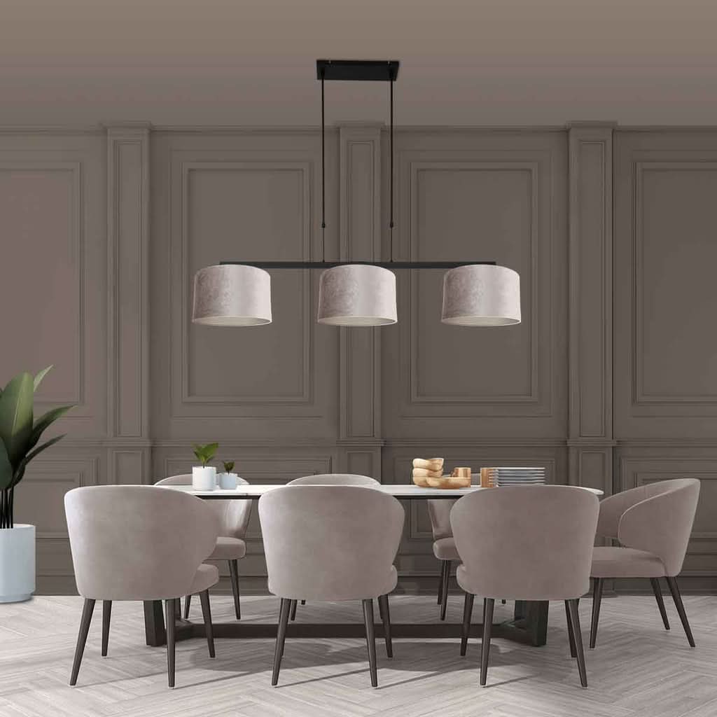Suspension abat-jour, barre noire 3 velours gris réglable 97-167 cm | Velsa