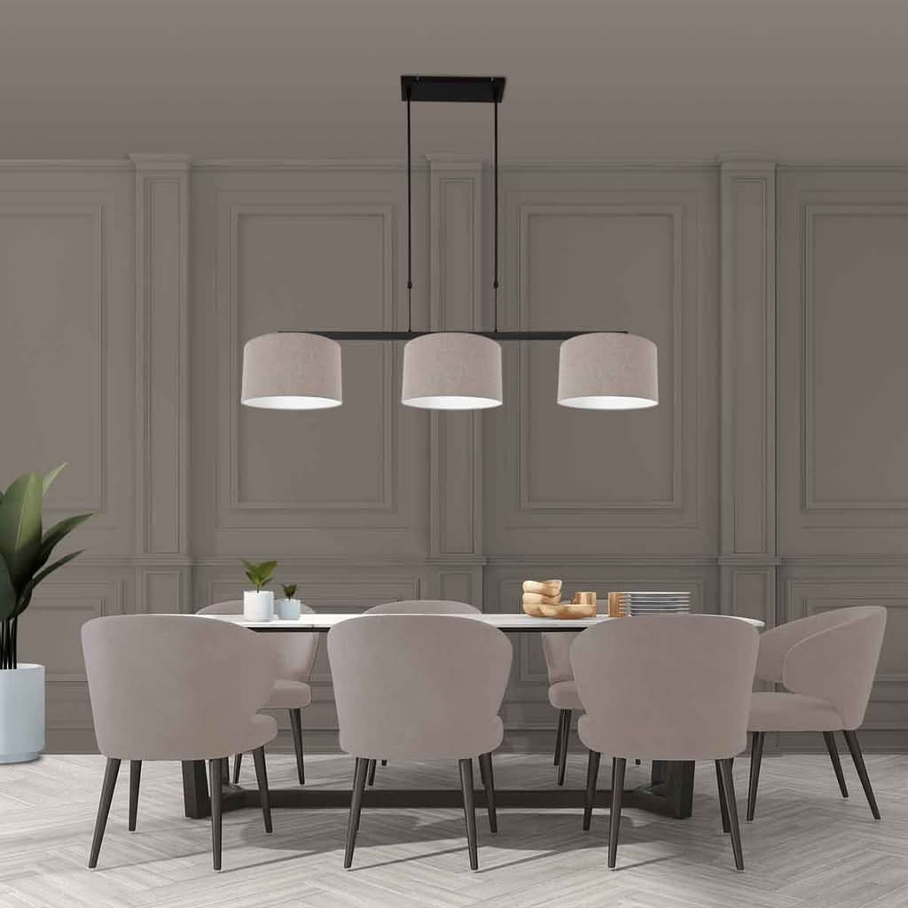 Suspension 3 lampes barre noire, abat-jours en lin gris | Stang