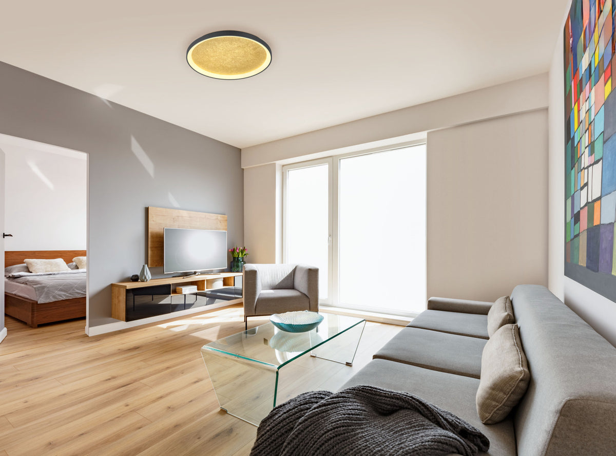 Mise en ambiance d'un séjour moderne sous un plafonnier circulaire à éclat doré
