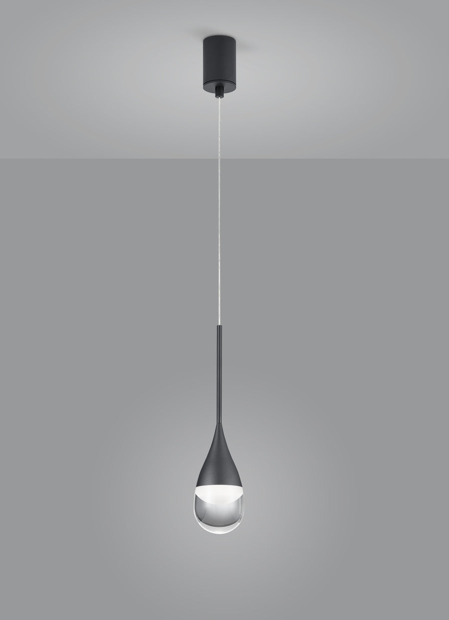 Vue d'ensemble du luminaire, câble fin, corps en goutte noire et globe de verre.