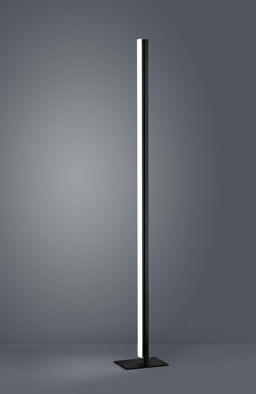 Vue de trois quarts du lampadaire noir allumé, longue face lumineuse blanche verticale et base fine.