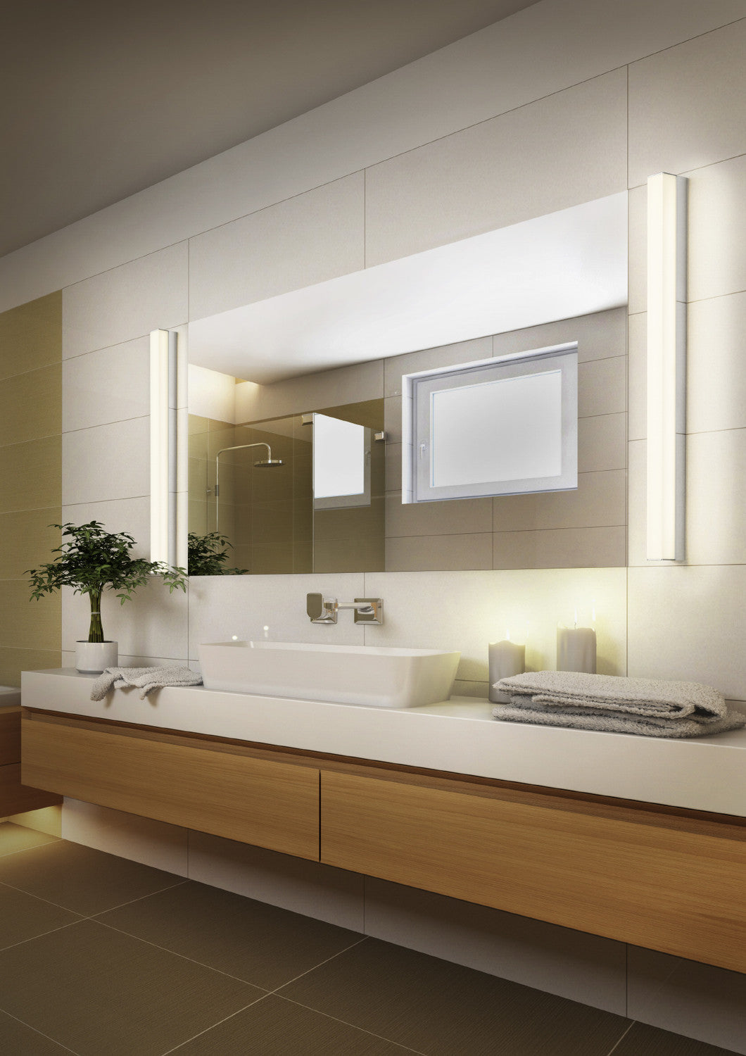 Ambiance salle de bain moderne avec deux appliques verticales encadrant le miroir.