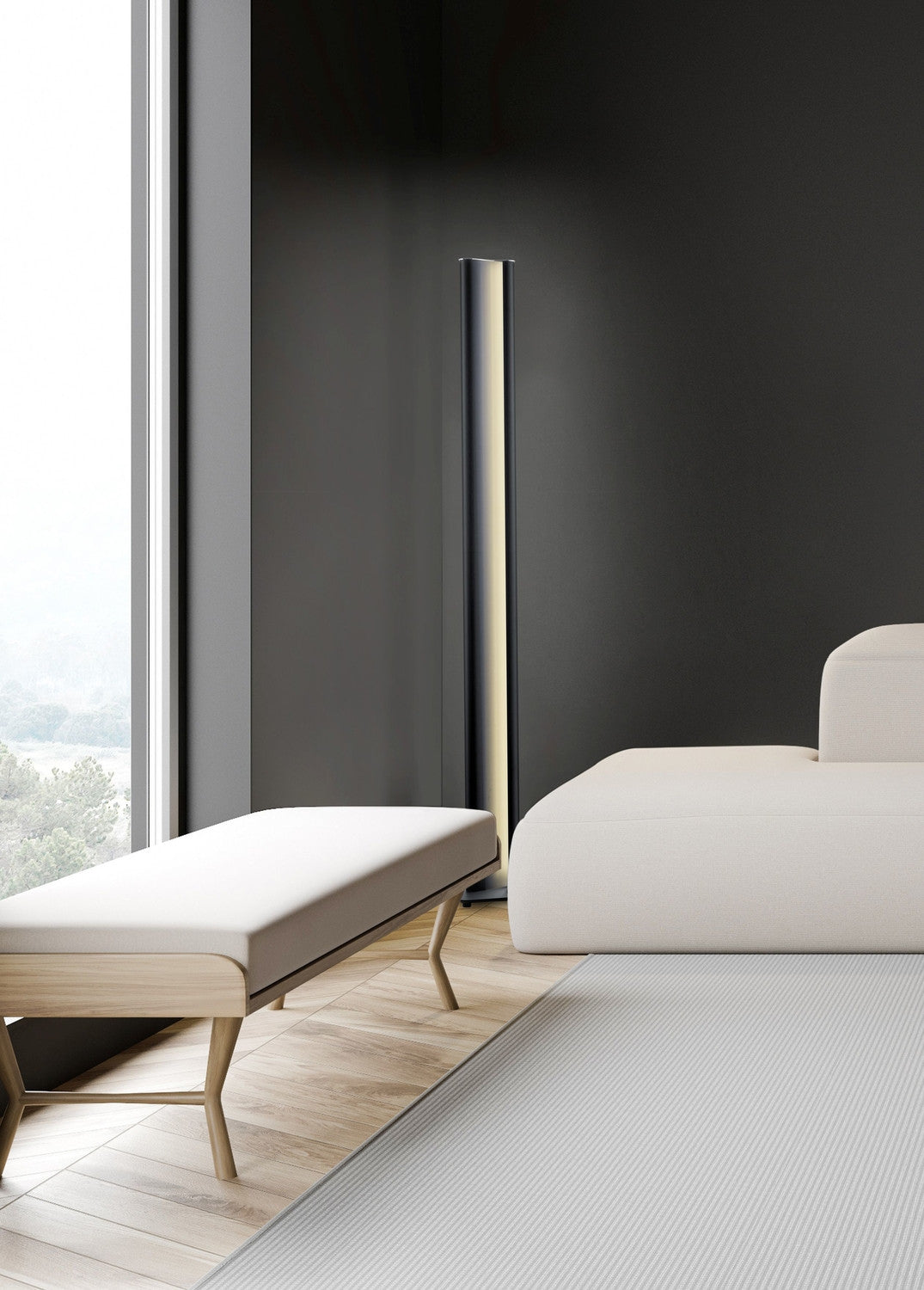 Lampadaire installé dans un salon moderne près d'une fenêtre.
