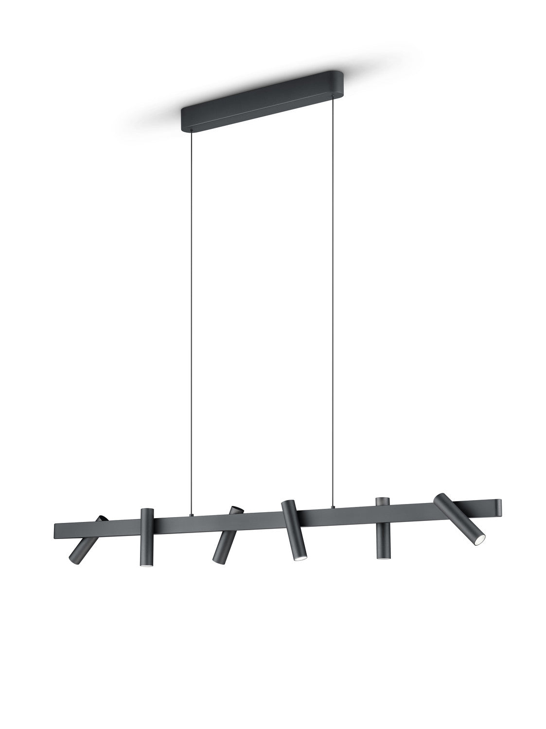 Vue de face sur fond blanc du luminaire suspendu noir à six spots
