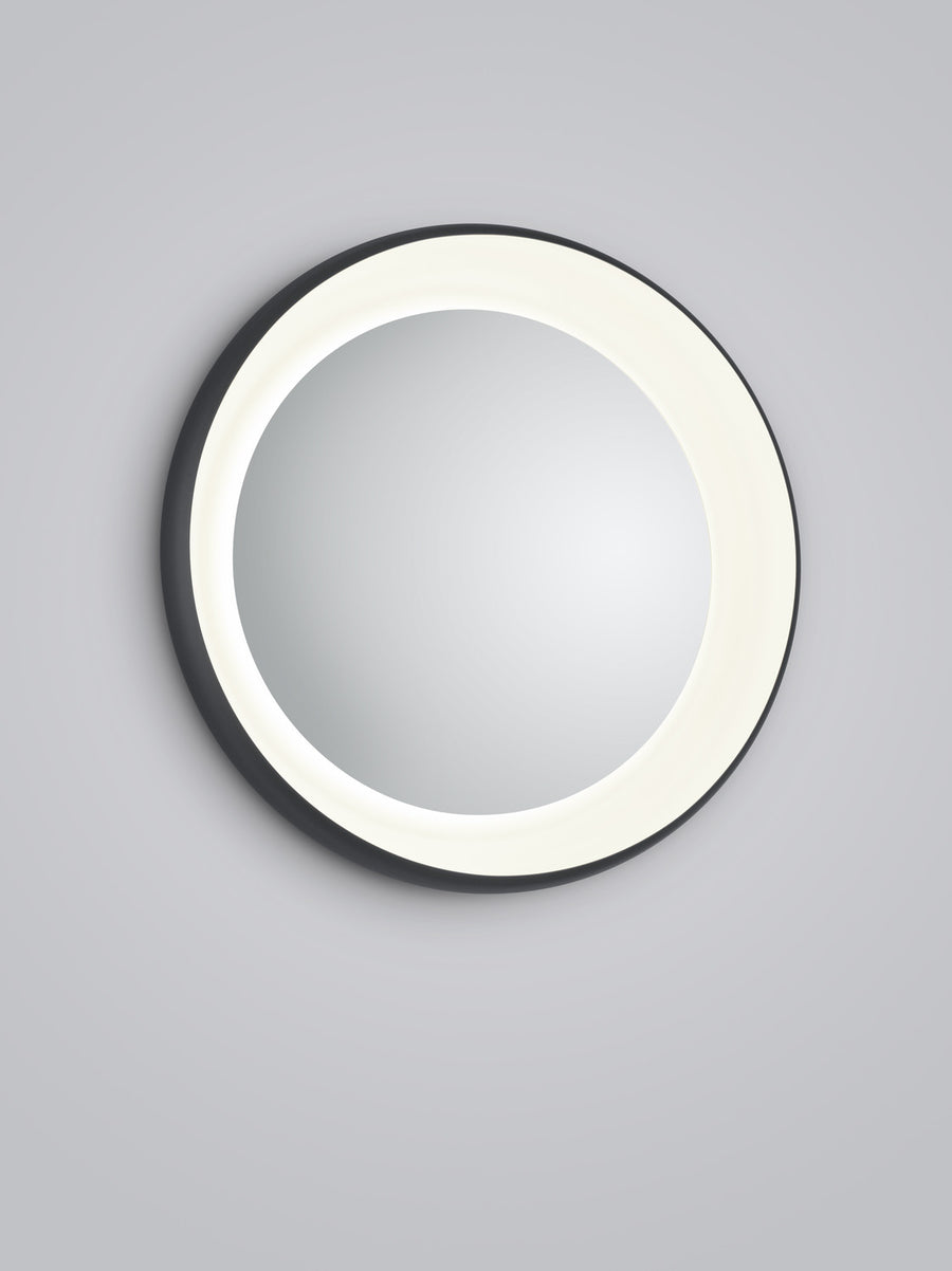 Vue rapprochée du plafonnier rond noir, détail de l'anneau lumineux blanc