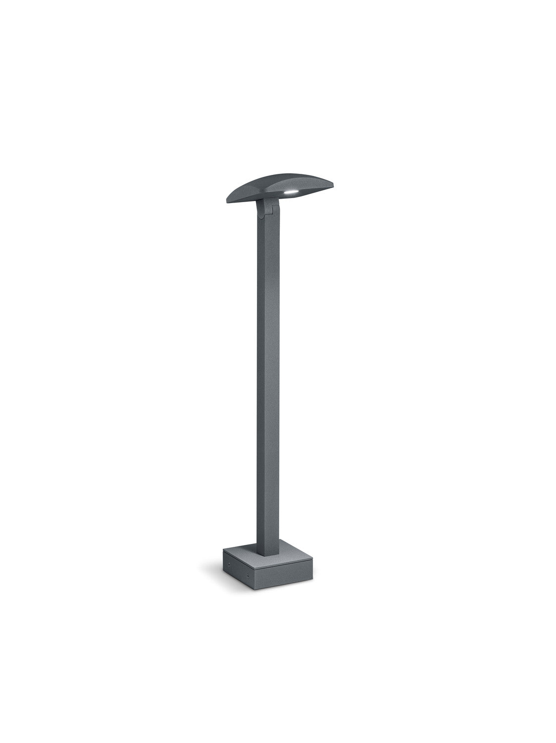 Vue d'ensemble sur fond blanc, borne extérieure anthracite avec base carrée et fût vertical.