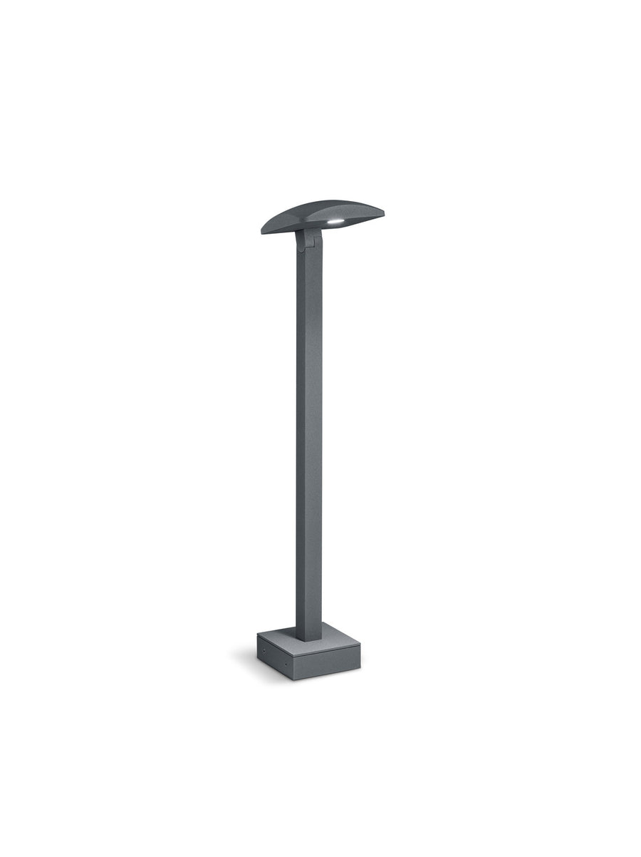 Vue d'ensemble sur fond blanc, borne extérieure anthracite avec base carrée et fût vertical.