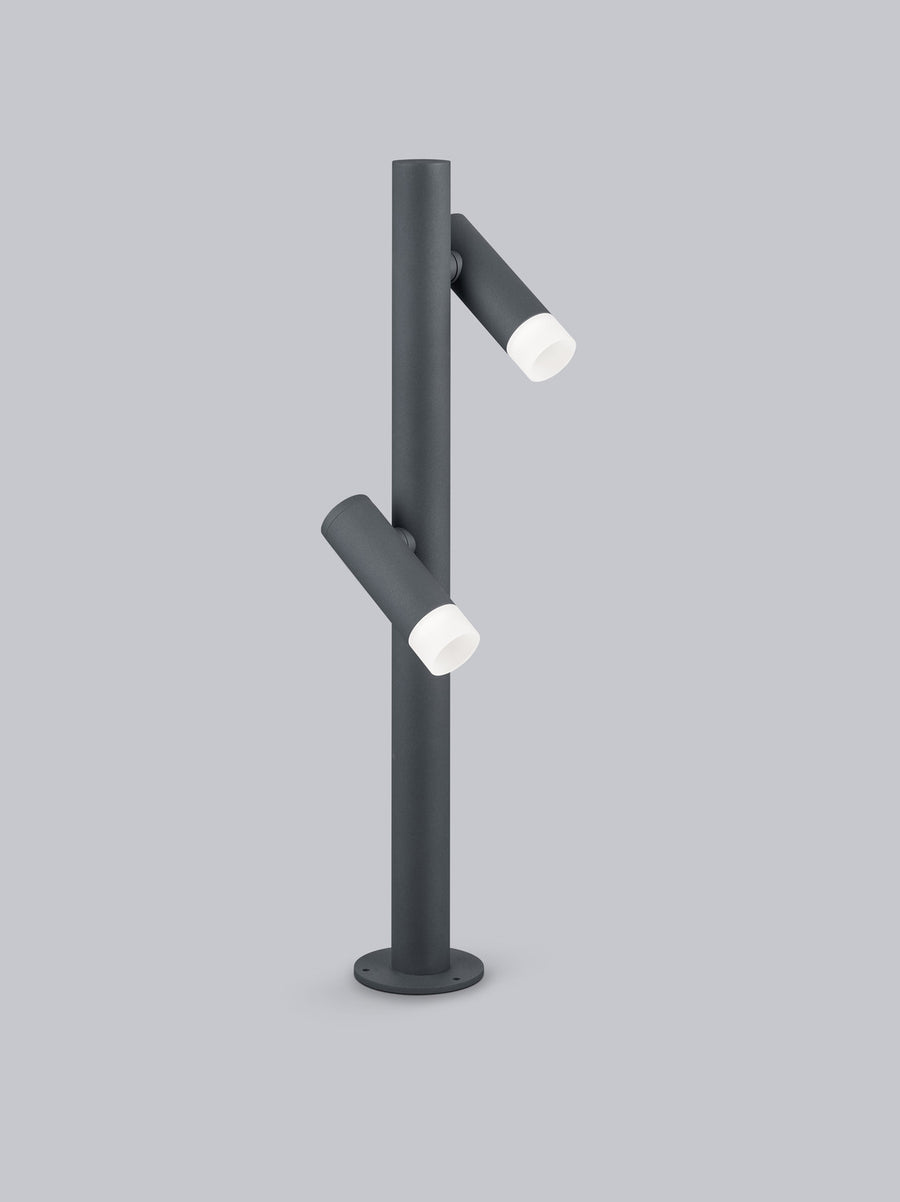 Vue de trois quarts du luminaire extérieur anthracite et ses deux têtes réglables opalines