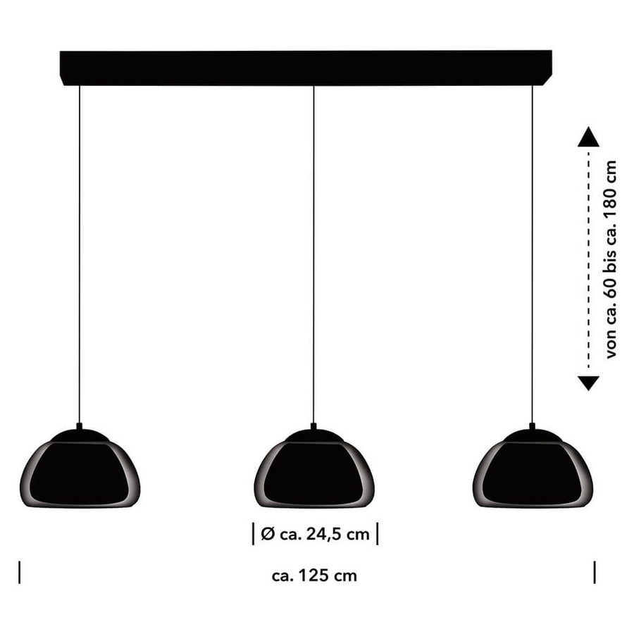 Schéma coté : largeur 125 cm, diamètre 24,5 cm, hauteur réglable 60 à 180 cm.