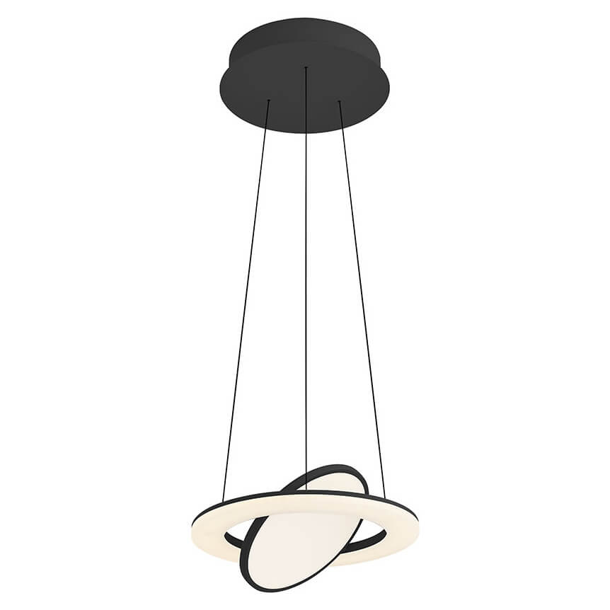 Vue de dessous du luminaire, anneau noir croisé avec le grand diffuseur blanc