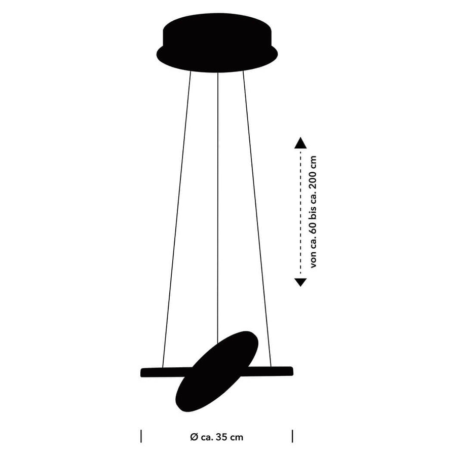 Schéma coté du luminaire, diamètre 35 cm et hauteur réglable de 60 à 200 cm