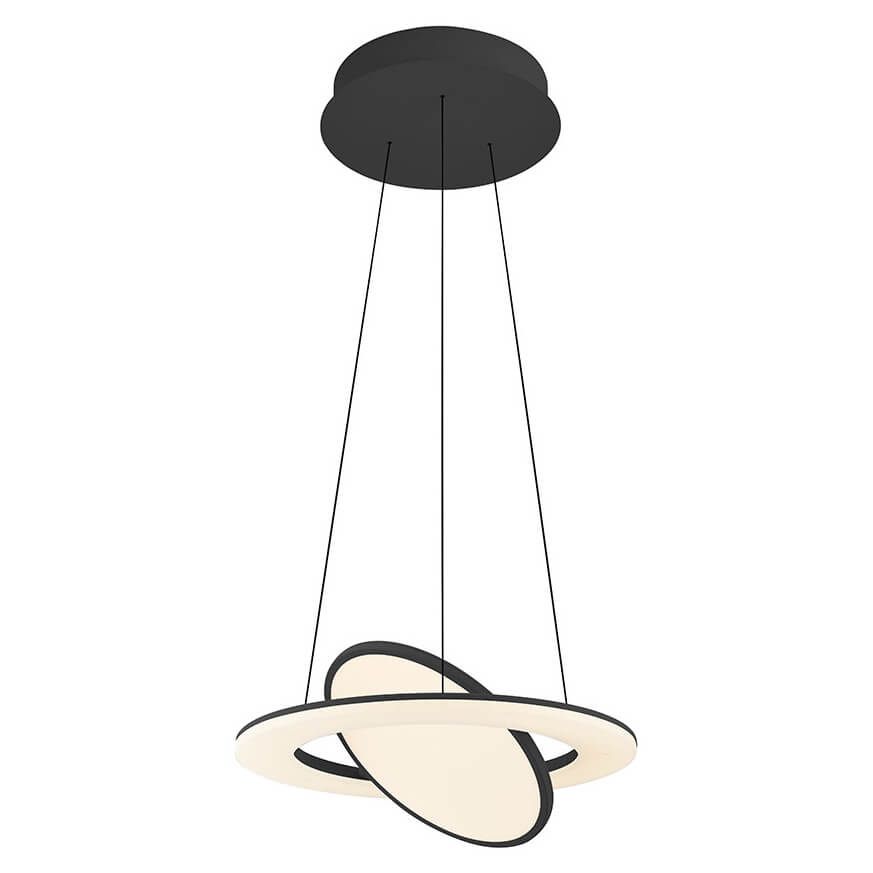 Vue latérale du luminaire suspendu, anneau noir et diffuseur central blanc incliné.