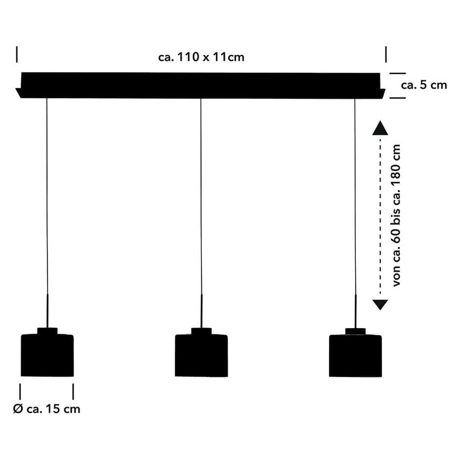 Schéma de dimensions du luminaire avec barre de 110 cm, hauteur réglable et diamètre des diffuseurs
