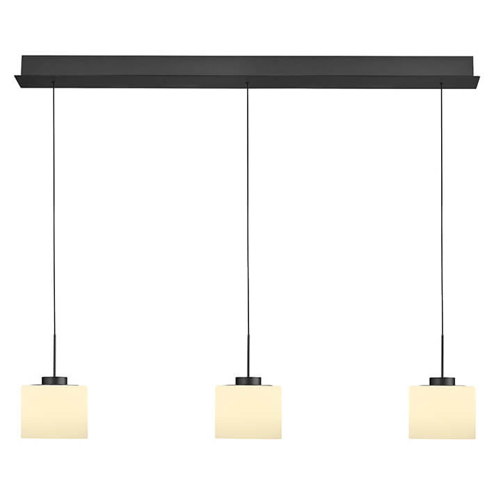 Suspension linéaire anthracite avec trois abat-jours cylindriques en verre opale, vue de face sur fond blanc