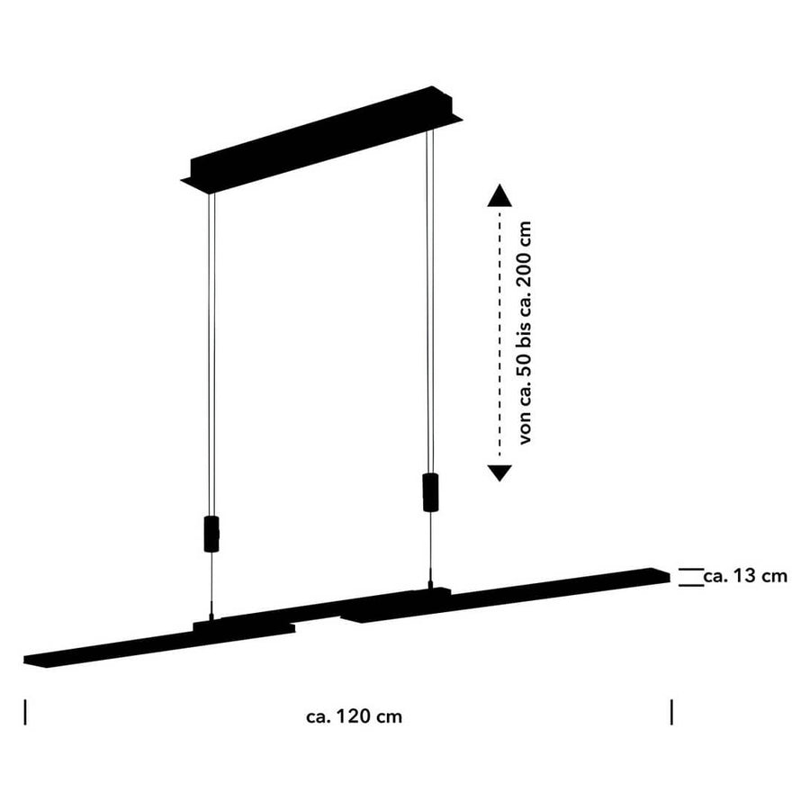Schéma coté indiquant environ 120 cm de long et hauteur de suspension réglable.