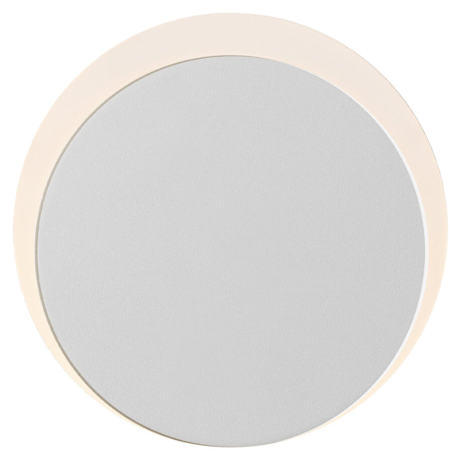 Vue de face d'une applique murale ronde blanche avec bord lumineux diffusant un halo