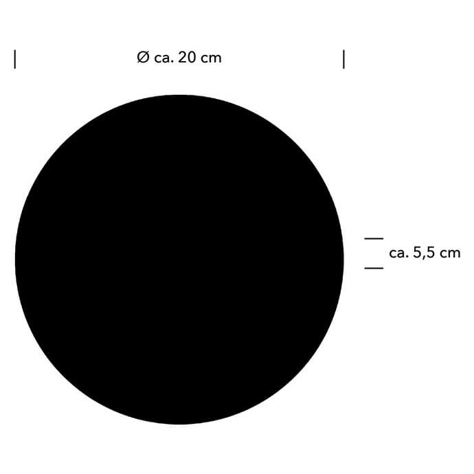Schéma de dimensions indiquant un diamètre de vingt centimètres et une profondeur de 5,5 cm