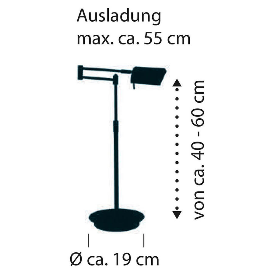 Schéma coté indiquant hauteur réglable, extension maximale et diamètre de la base.