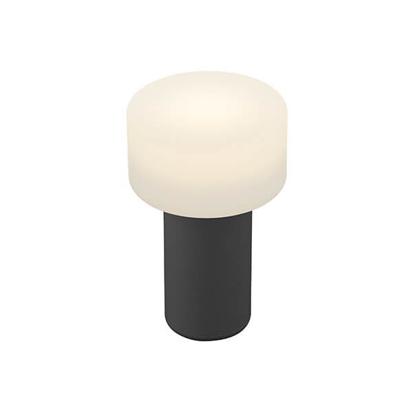Vue de trois quarts sur fond blanc, diffuseur arrondi et piètement noir mat