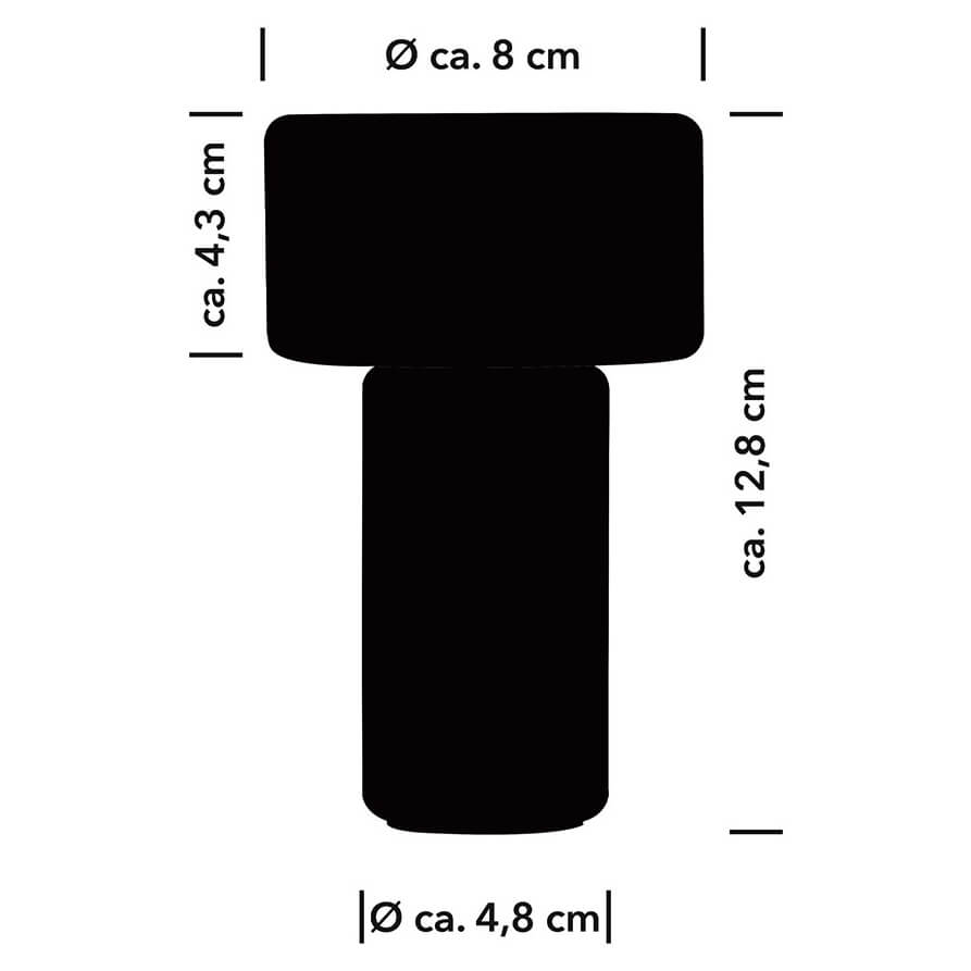 Schéma coté de la silhouette : hauteur 12,8 cm et diamètres 8 et 4,8 cm