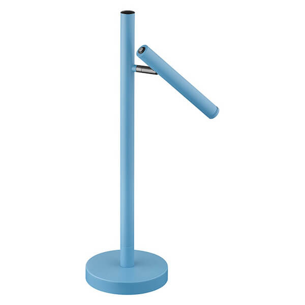 Vue de trois quarts de la lampe bleue avec bras lumineux incliné.