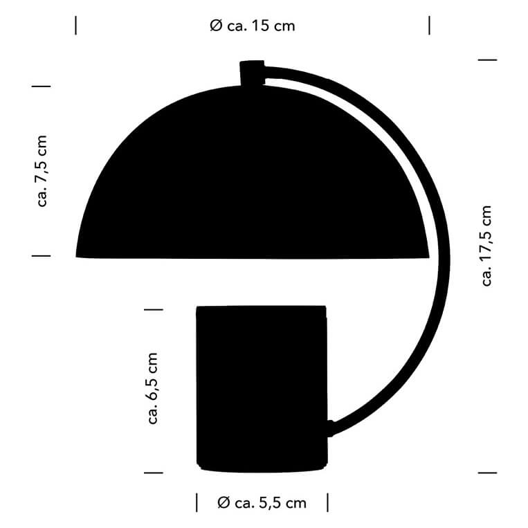 Schéma de dimensions de la lampe rose : hauteur, diamètre abat-jour et socle.