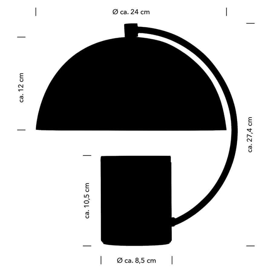 Schéma coté : hauteur 27,4 cm, abat-jour Ø 24 cm et base Ø 8,5 cm.