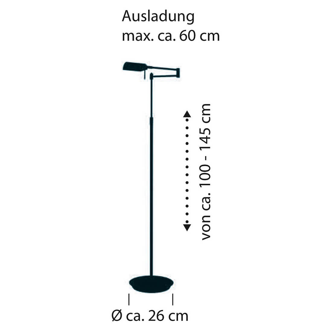 Schéma de dimensions : hauteur réglable 100 à 145 cm, base de 26 cm.