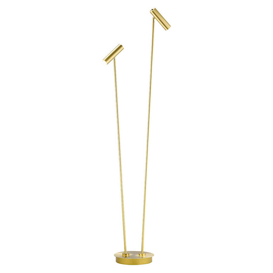 Vue de face du lampadaire, tiges parallèles et têtes orientables en laiton.
