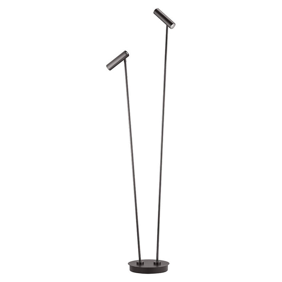 Vue de face du lampadaire, deux tiges fines parallèles surmontées de projecteurs cylindriques