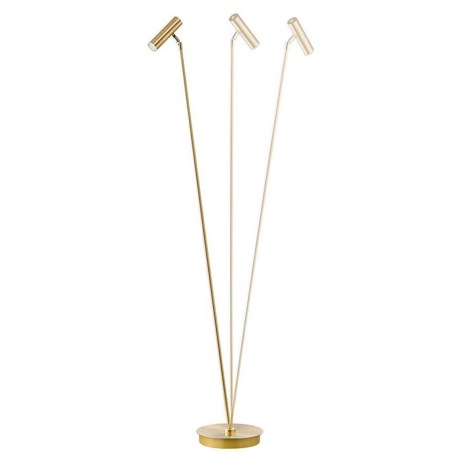 Version à trois têtes orientables sur tiges fines, socle rond doré, fond blanc