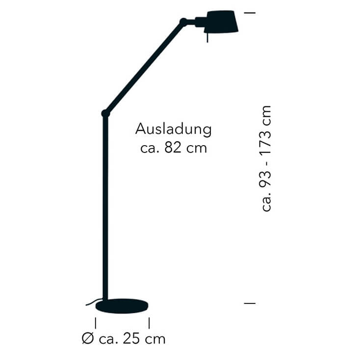 Schéma coté du luminaire avec hauteur réglable, profondeur et diamètre du socle