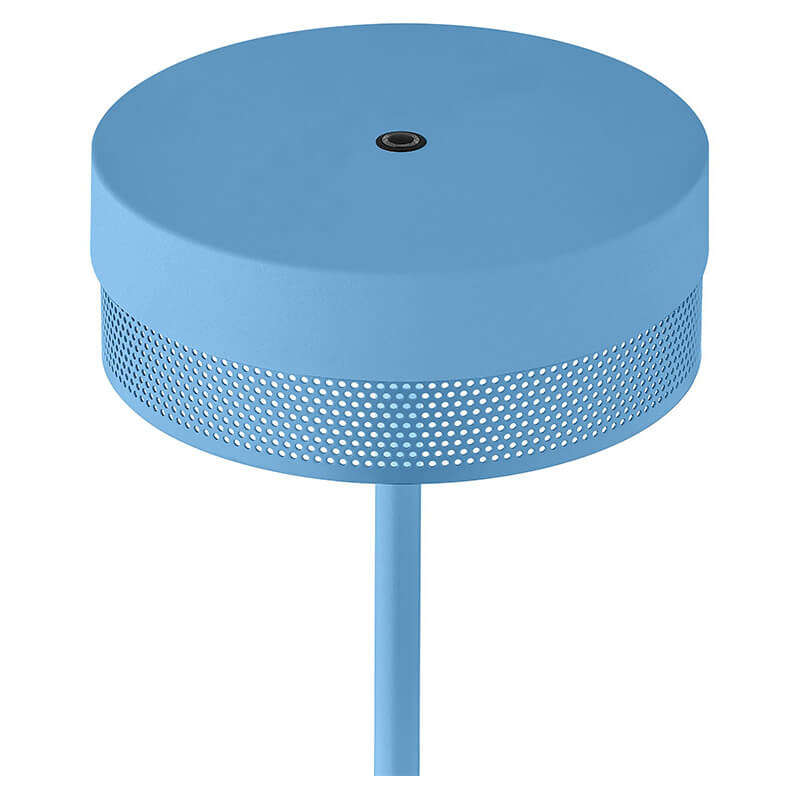 Gros plan sur la tête cylindrique bleue, panneau perforé et bouton central
