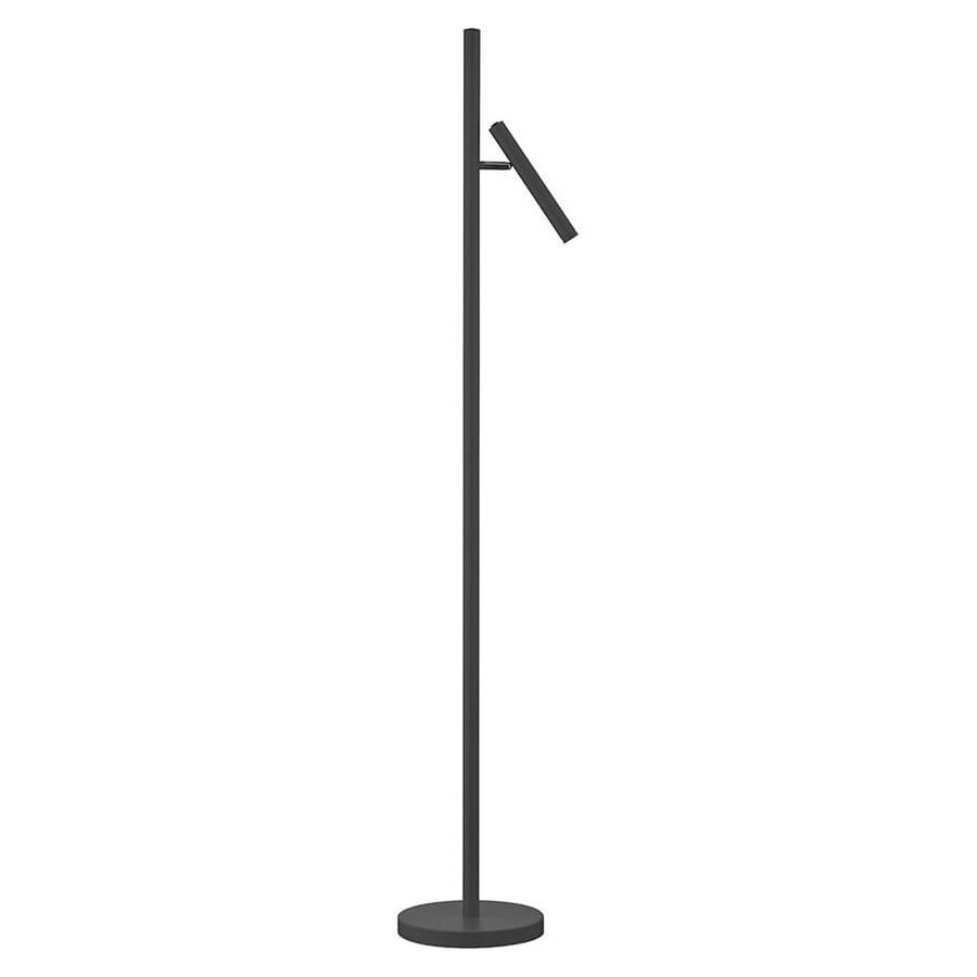 Lampadaire extérieur noir vu de face sur fond blanc, mât et projecteur