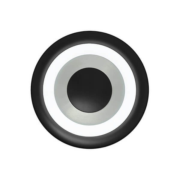 Vue de face du plafonnier rond à cercles concentriques noirs et gris aluminium