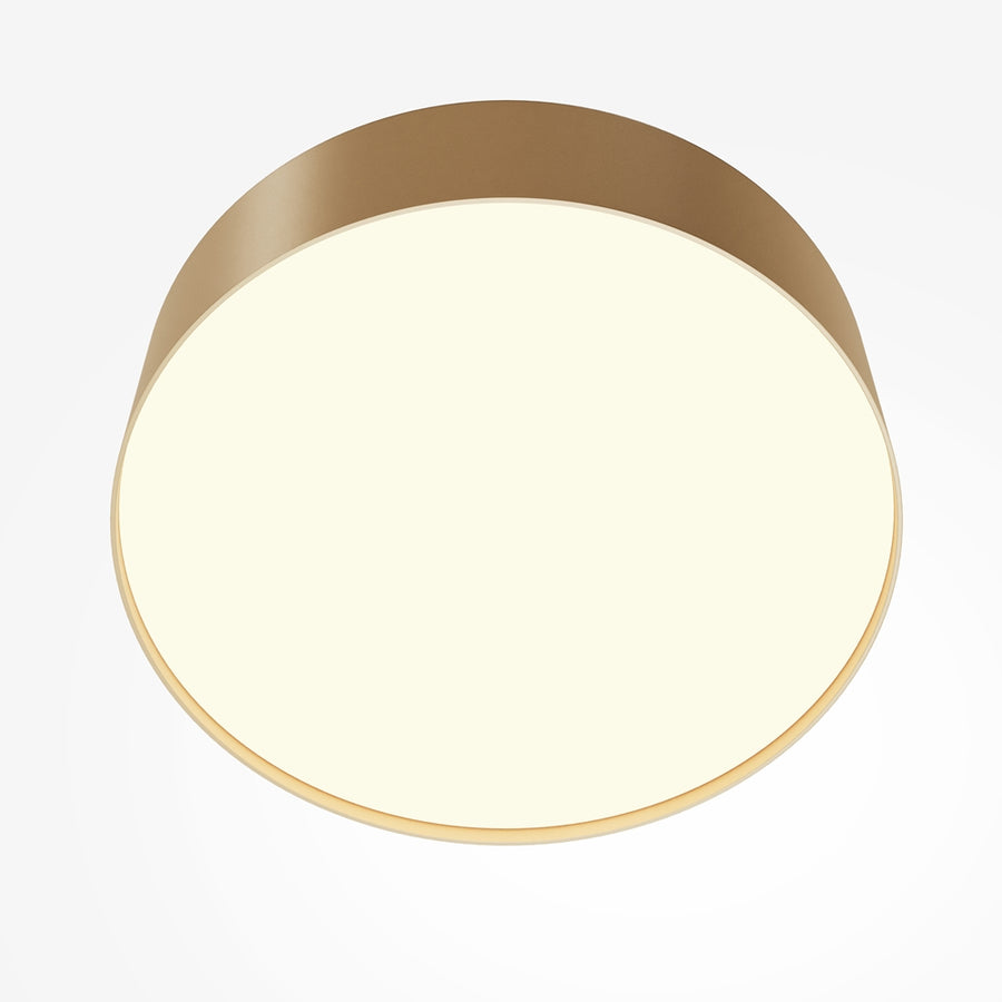 Vue de face du luminaire rond doré avec grand diffuseur ivoire