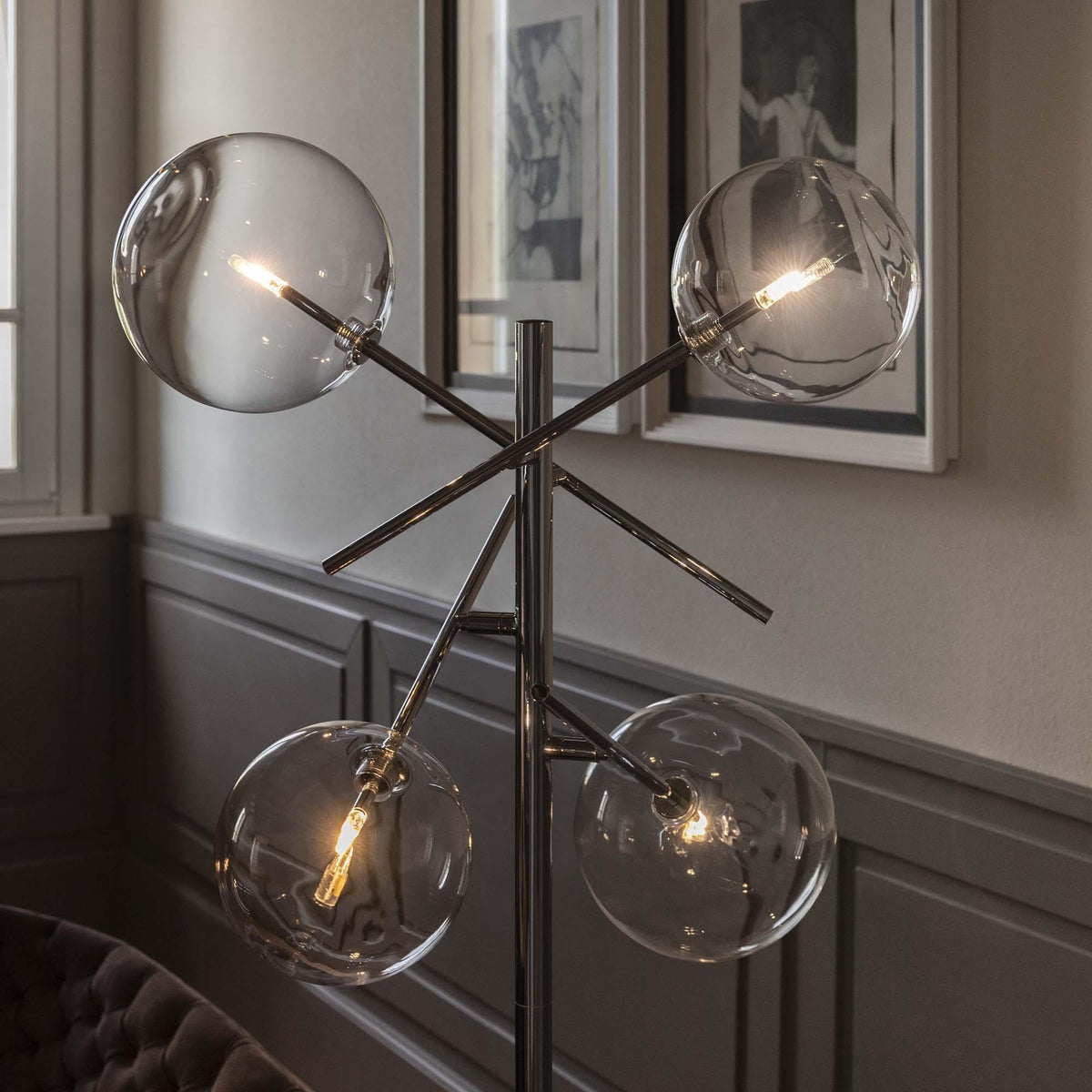 Lampadaire Equinoxe 4 lumières chromé, verre