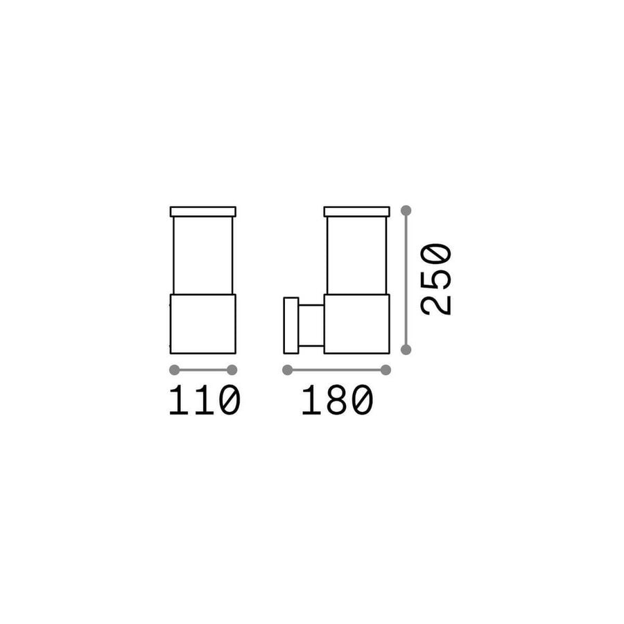 Schéma de dimensions cotées du luminaire, hauteur 250 mm et profondeur 180 mm