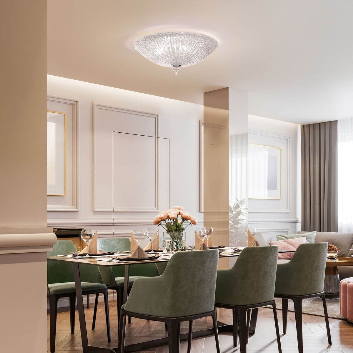 Salle à manger raffinée avec ce plafonnier rond en verre au-dessus de la table