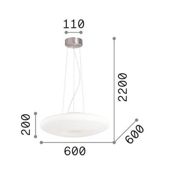 Schéma coté montrant diamètre 600, hauteur 2200 et rosace de 110 mm