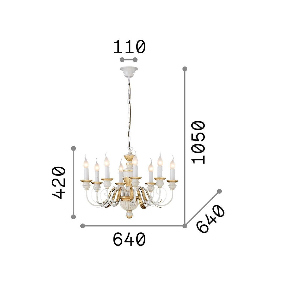 Schéma coté du luminaire indiquant hauteur 1050 mm et diamètre 640 mm