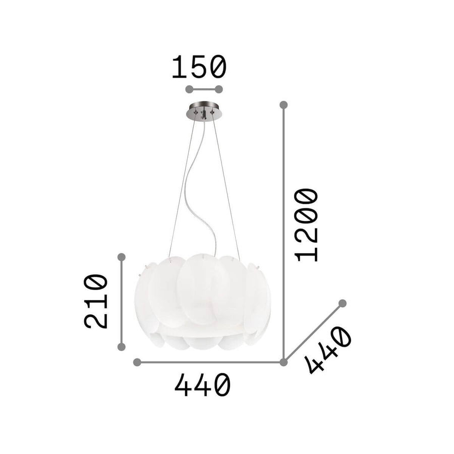 Schéma coté : hauteur 1200, diamètre 440, rosace 150 et suspension 210