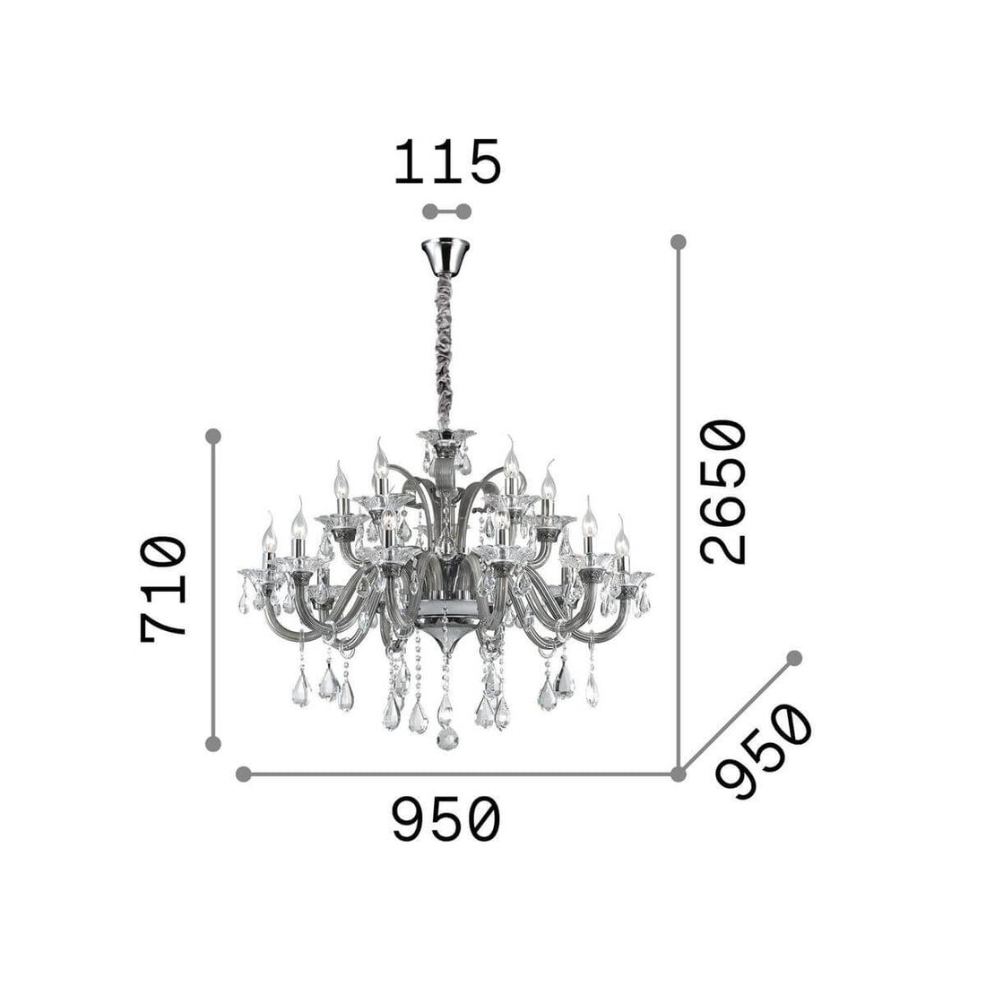 Suspension Colossal 15 lumières grise, cristal
