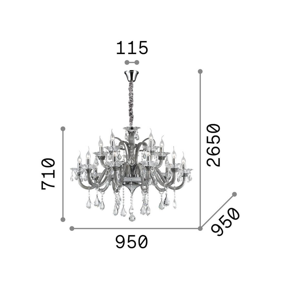 Suspension Colossal 15 lumières grise, cristal