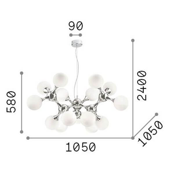 Schéma coté du luminaire : hauteur 580, largeur 1050 et hauteur totale 2400 mm