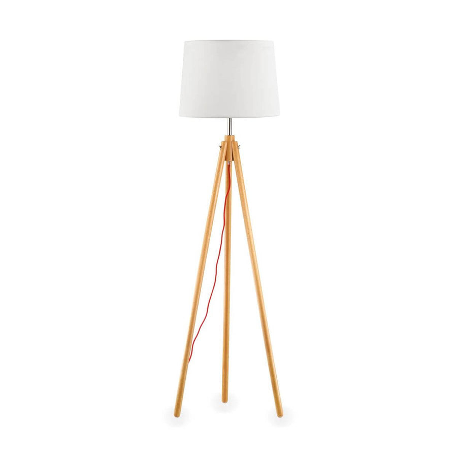 Lampadaire trépied en bois clair, abat-jour blanc et câble rouge apparent, vue de face