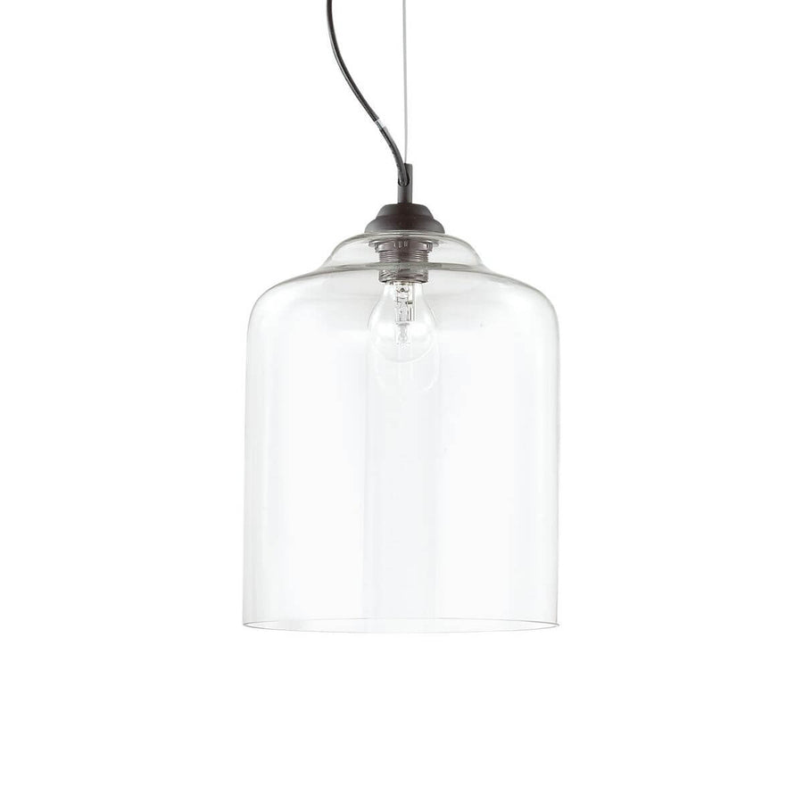 Suspension en verre transparent de forme cylindrique présentée sur fond blanc