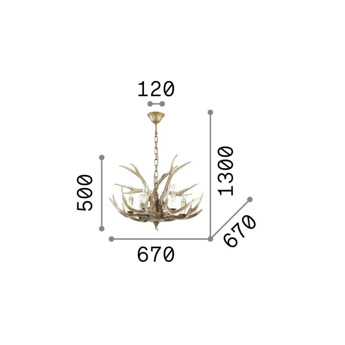 Schéma de dimensions du luminaire : largeur 670, hauteur 500, câble 1300 mm
