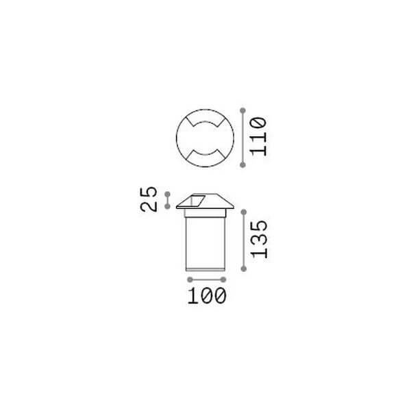 Schéma coté du luminaire : diamètre 110 mm, hauteur 135 mm